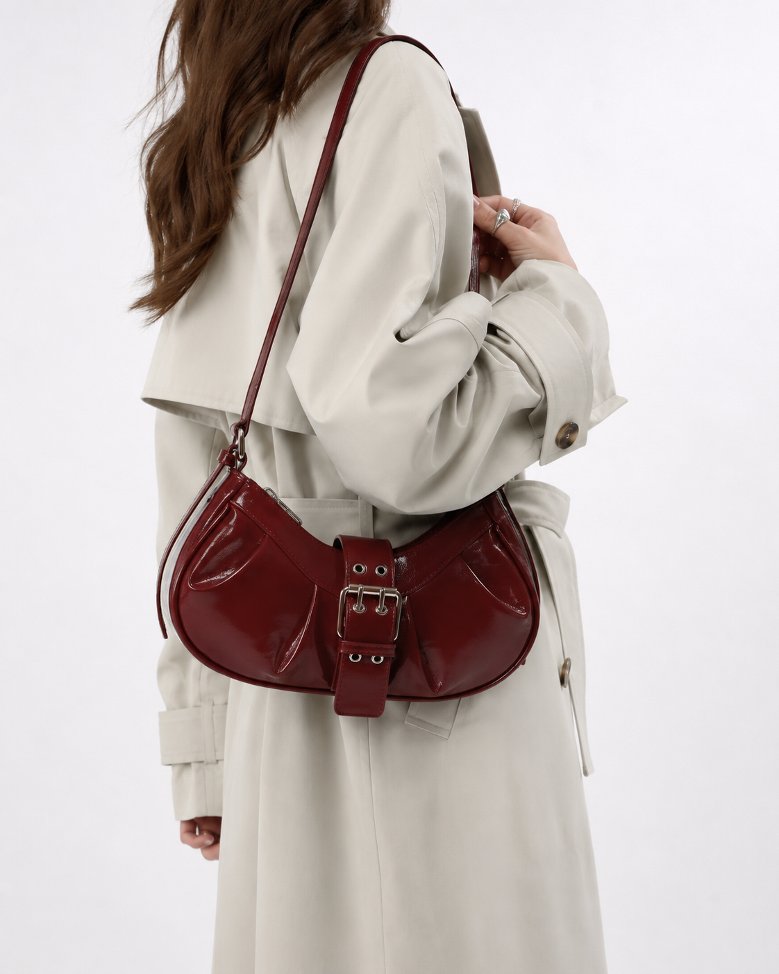 Sienna | Women’s Cherry Wine Patent Leather Buckle Shoulder Bag | Premium Faux Leather Handbag