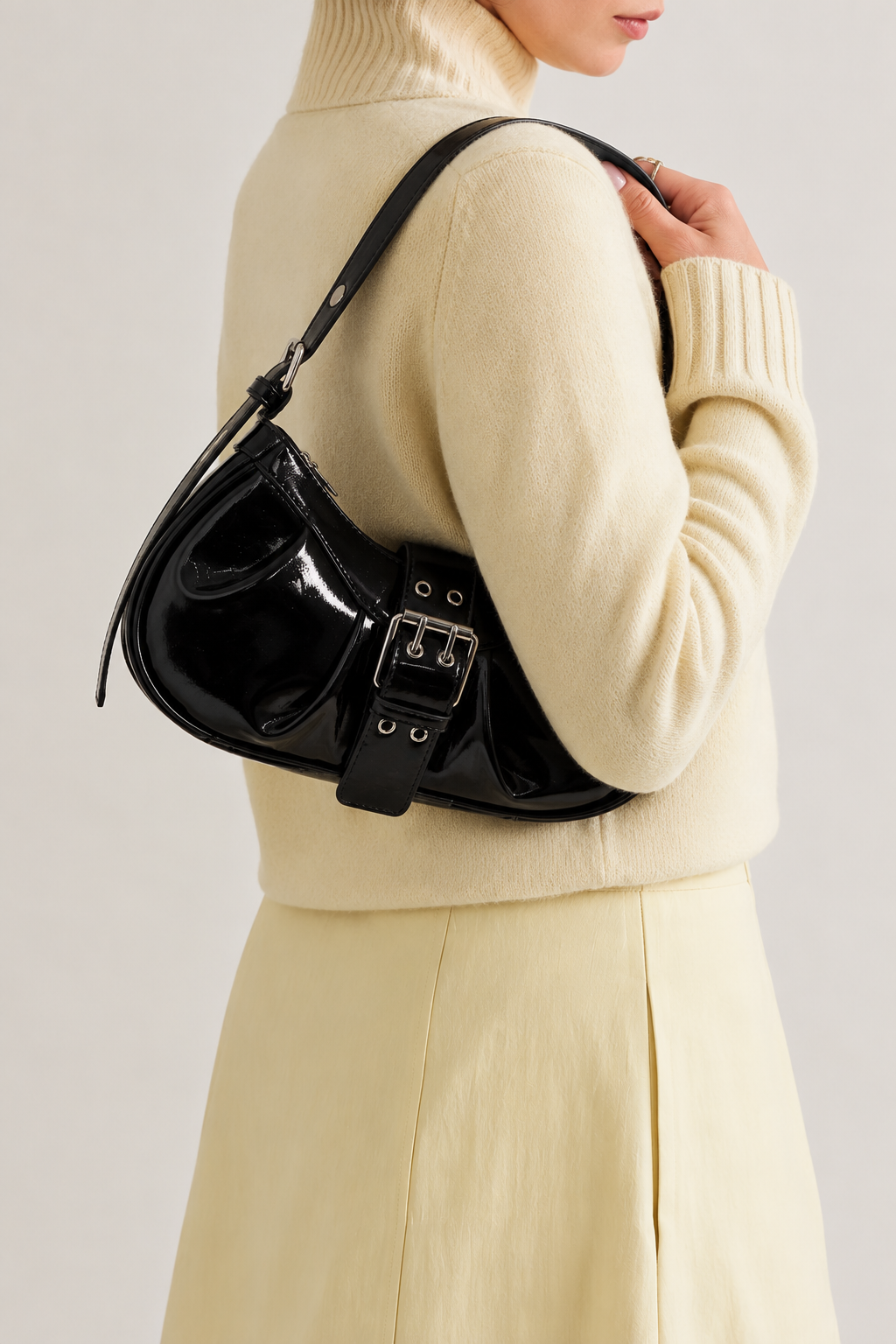 Blair | Women’s Black Patent Leather Buckle Shoulder Bag | Premium Faux Leather Handbag