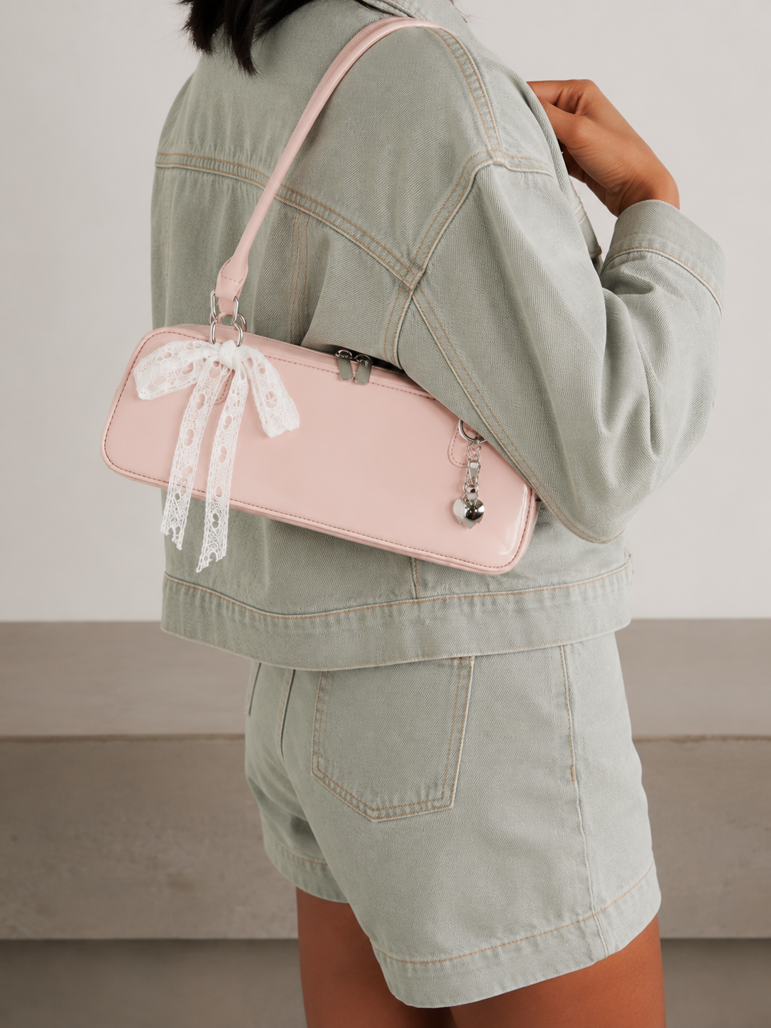 Rosalie | Women’s Blush Pink Patent Leather East-West Bowling Shoulder Bag with Lace Bow & Heart Charm | Premium Faux Leather Handbag