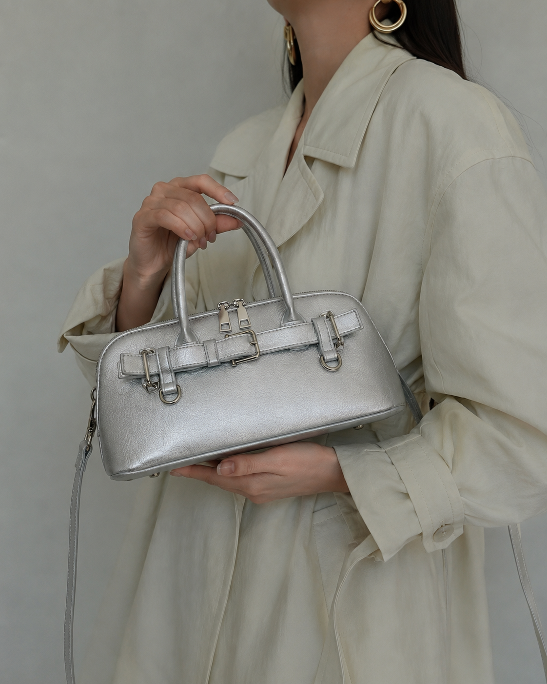 Lyra | Women’s Silver Mini Belted Top Handle Bag with Detachable Sling | Premium Faux Leather Handbag