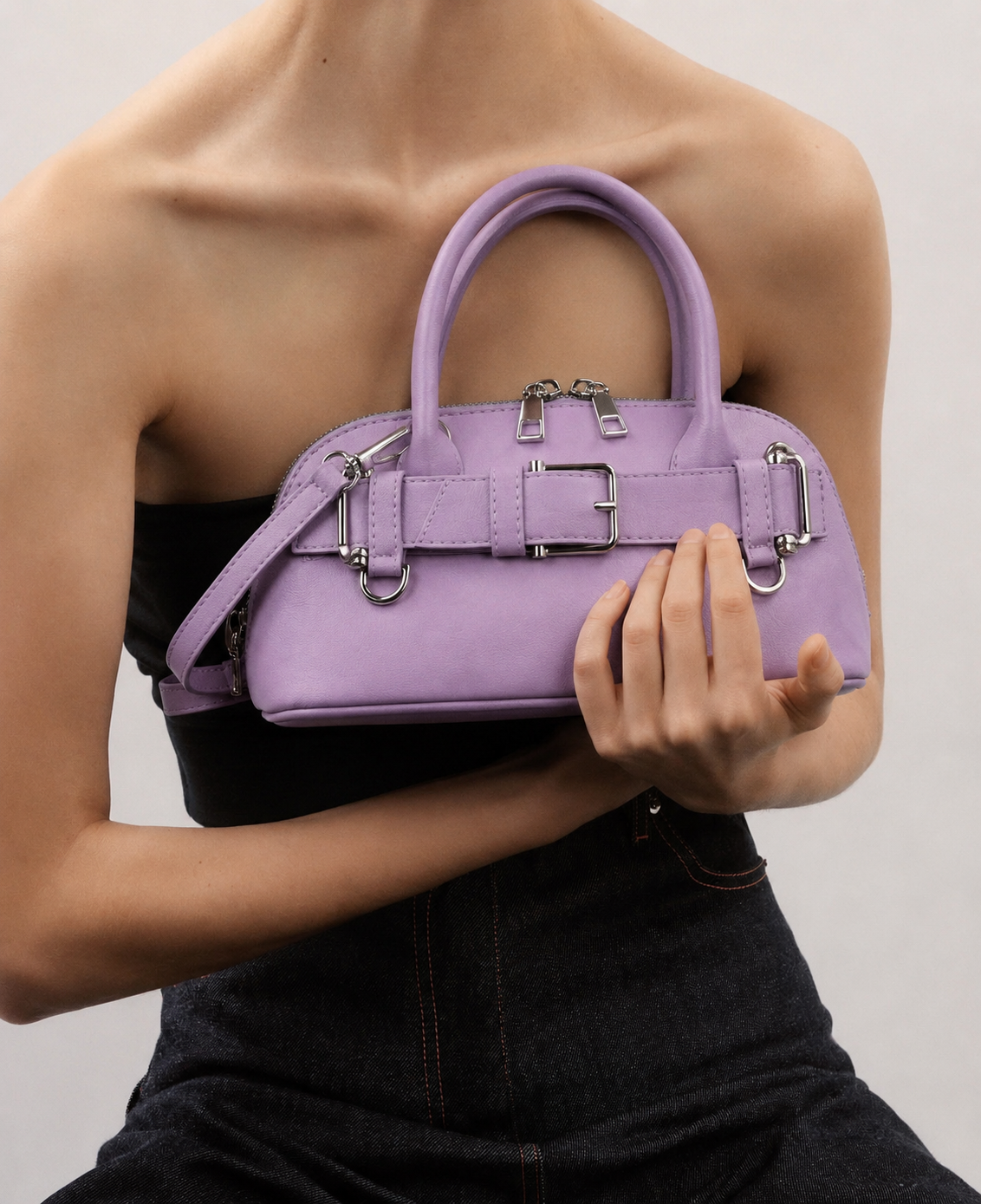 Iris | Women’s Lavender Belted Mini Top Handle Bag with Detachable Sling | Premium Faux Leather Handbag
