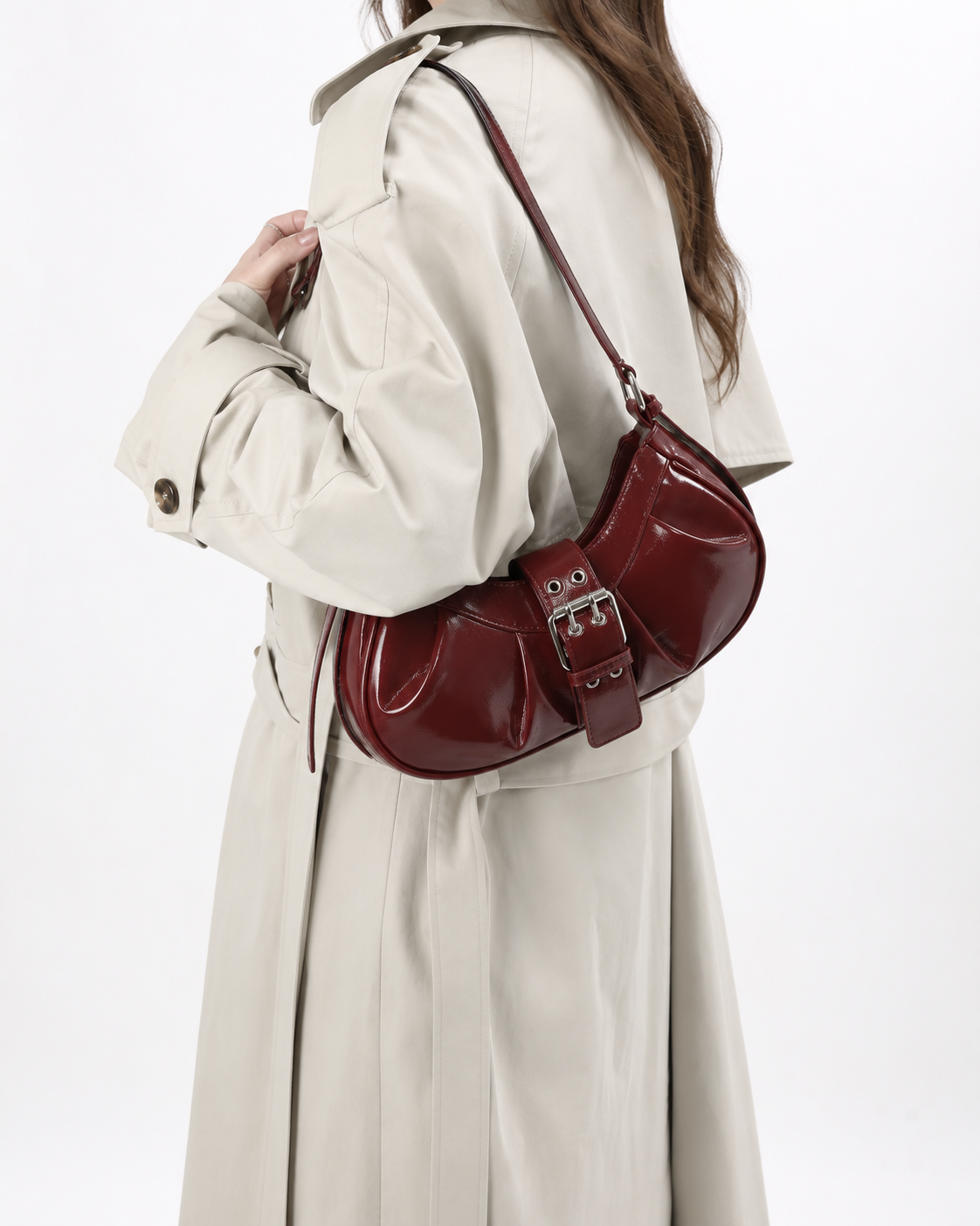 Sienna | Women’s Cherry Wine Patent Leather Buckle Shoulder Bag | Premium Faux Leather Handbag