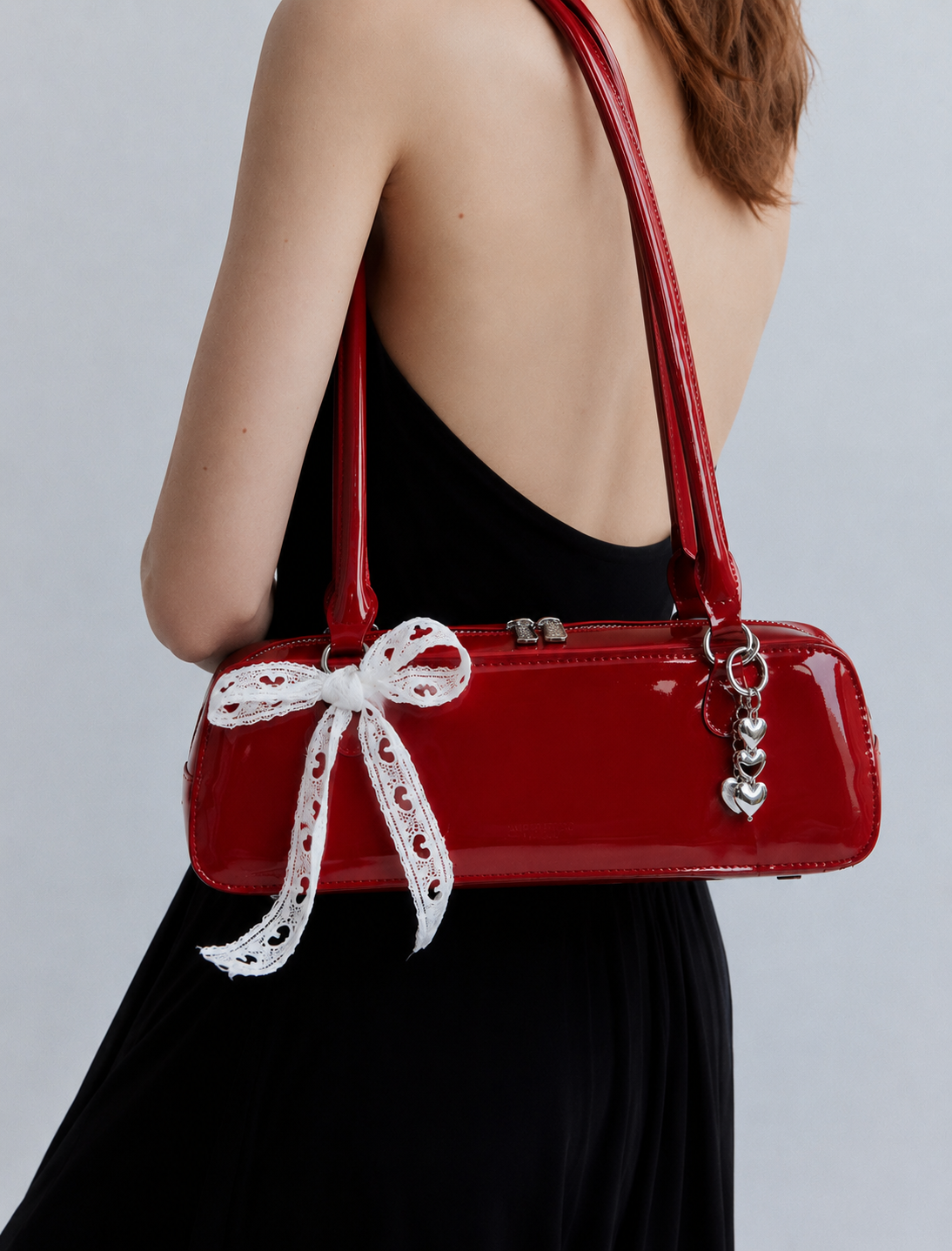 Scarlett | Women’s Cherry Red Patent Leather East-West Bowling Shoulder Bag with Lace Bow & Heart Charm | Premium Faux Leather Handbag