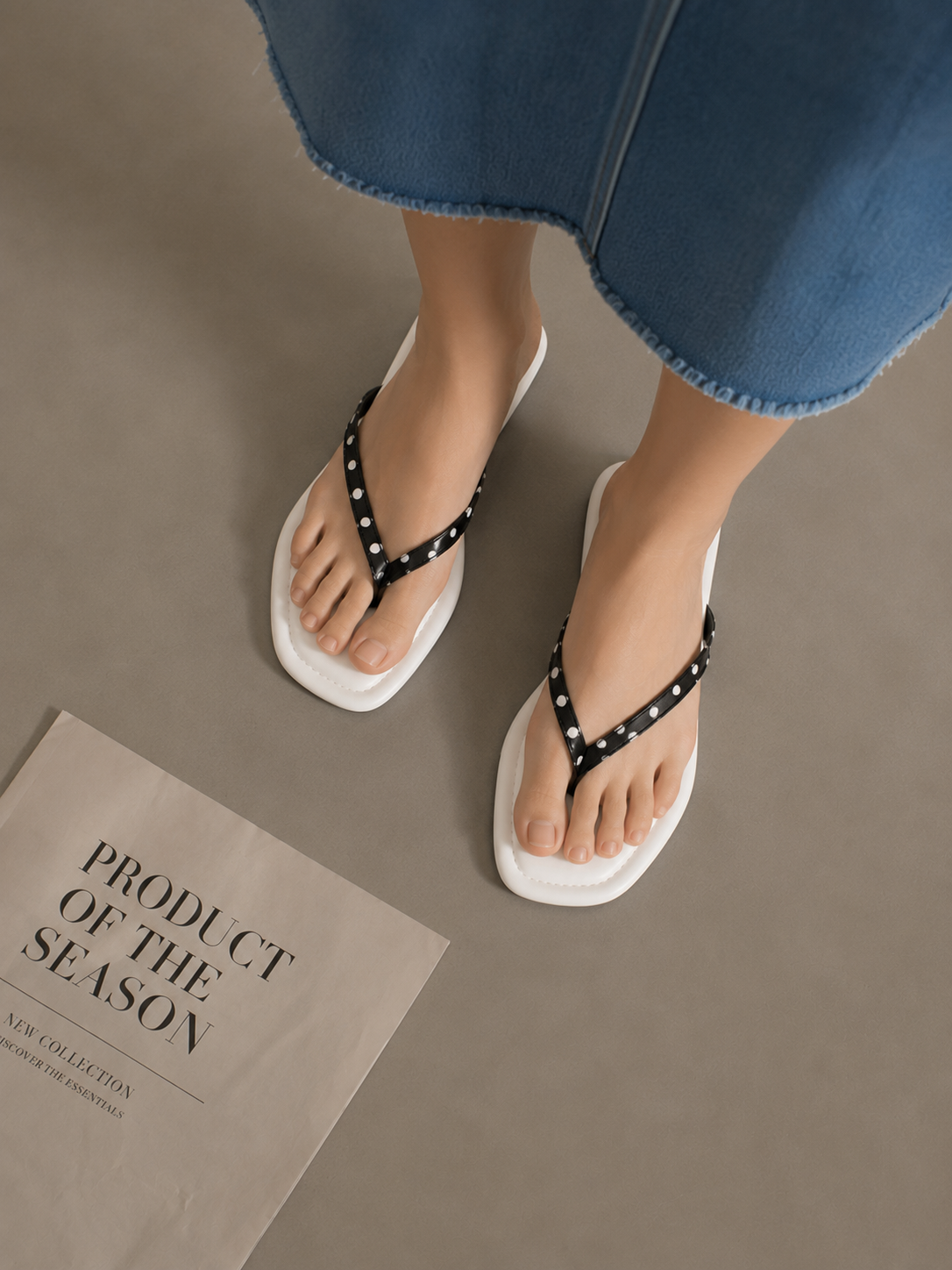 Polka Whisper | Women’s White Flip Flops with Black Polka Dot Straps | Premium Vegan Flats