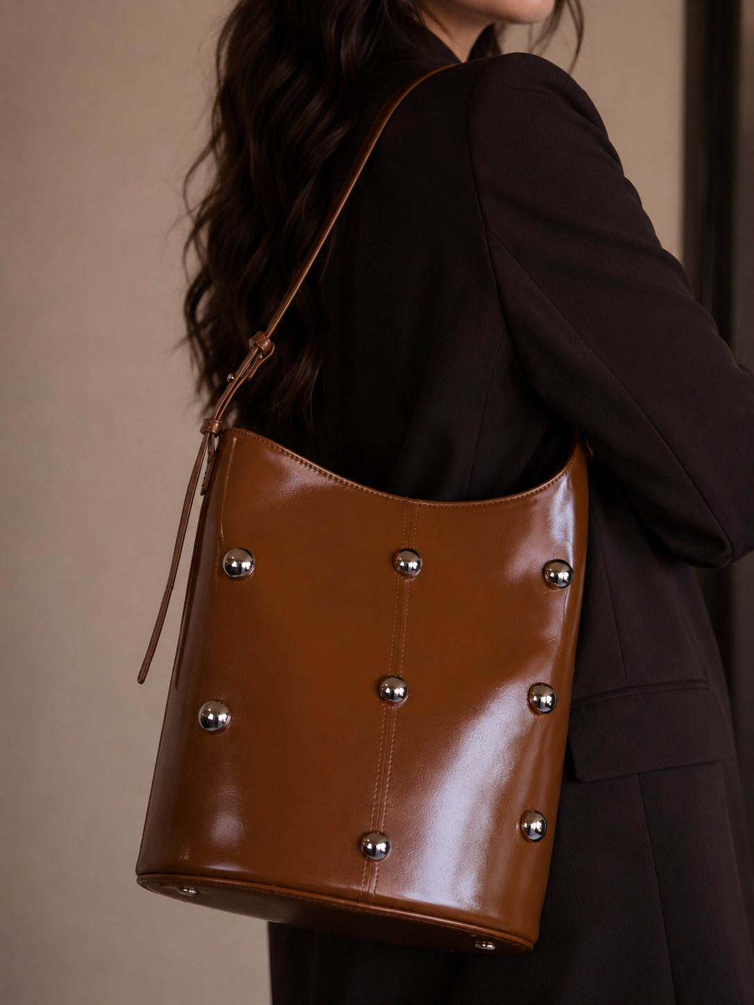 Harper | Women’s Tan Studded Bucket Shoulder Bag | Premium Faux Leather Handbag