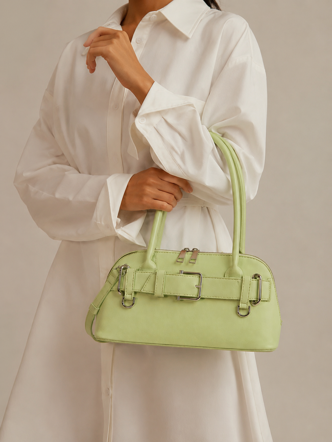 Celeste | Women’s Pistachio Green East-West Bowling Shoulder Bag | Premium Faux Leather Handbag