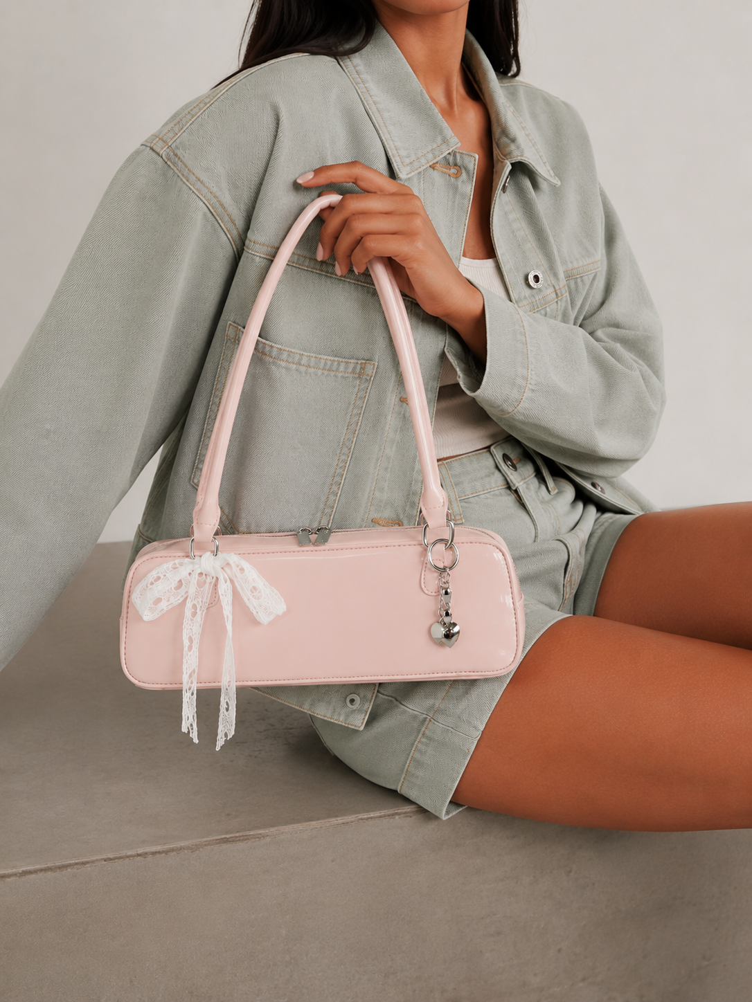 Rosalie | Women’s Blush Pink Patent Leather East-West Bowling Shoulder Bag with Lace Bow & Heart Charm | Premium Faux Leather Handbag