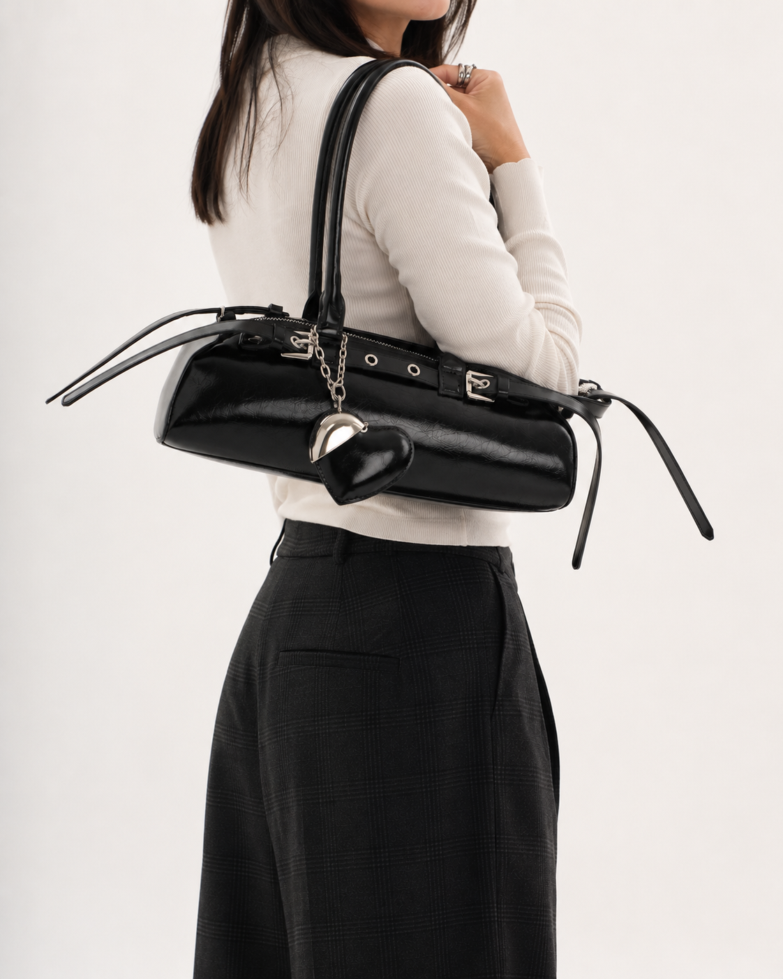Vivienne | Women’s Black East-West Bowling Shoulder Bag with Heart Charm | Premium Faux Leather Handbag