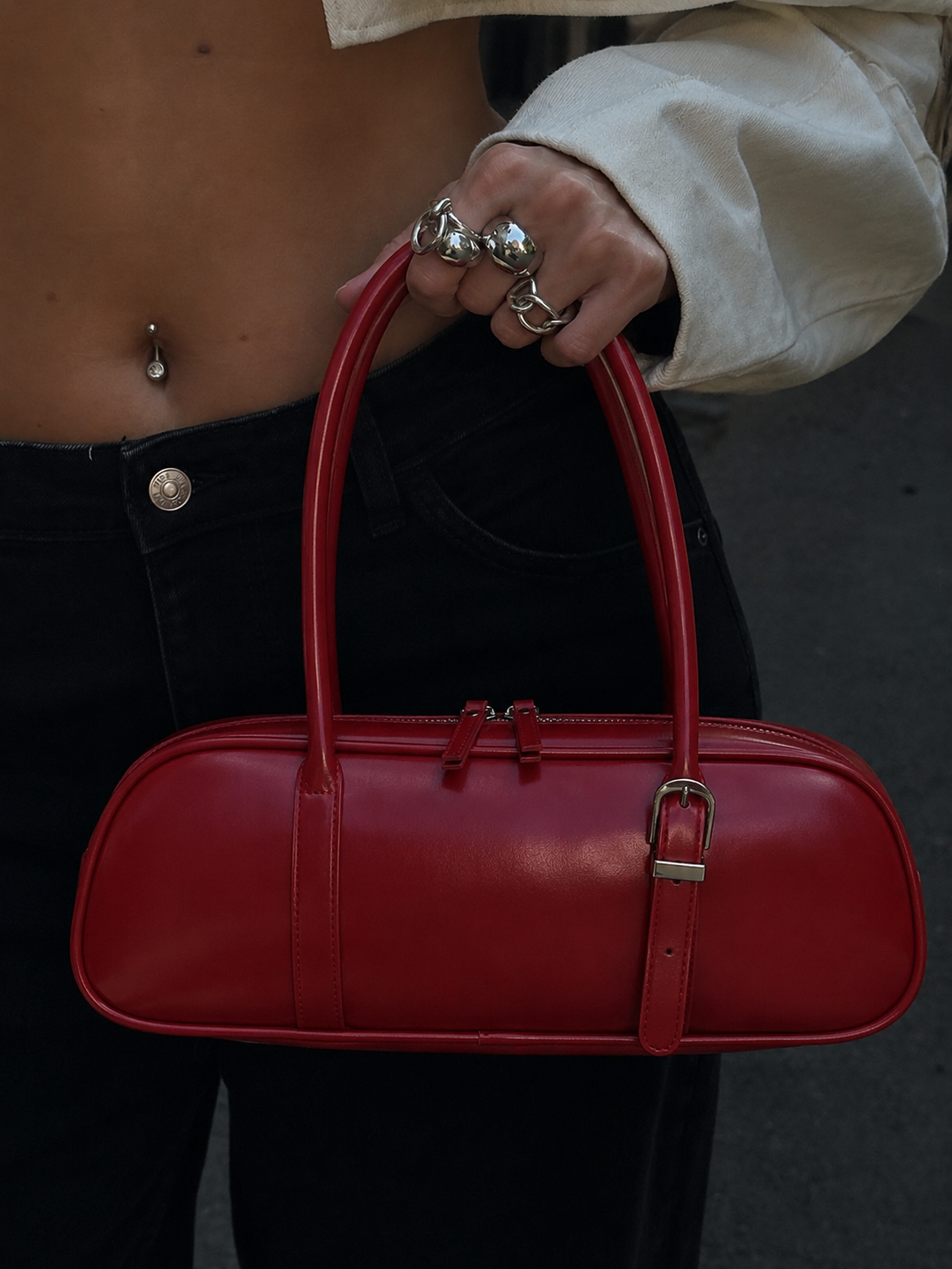 Rosalie | Women’s Red East-West Bowling Shoulder Bag | Premium Faux Leather Handbag