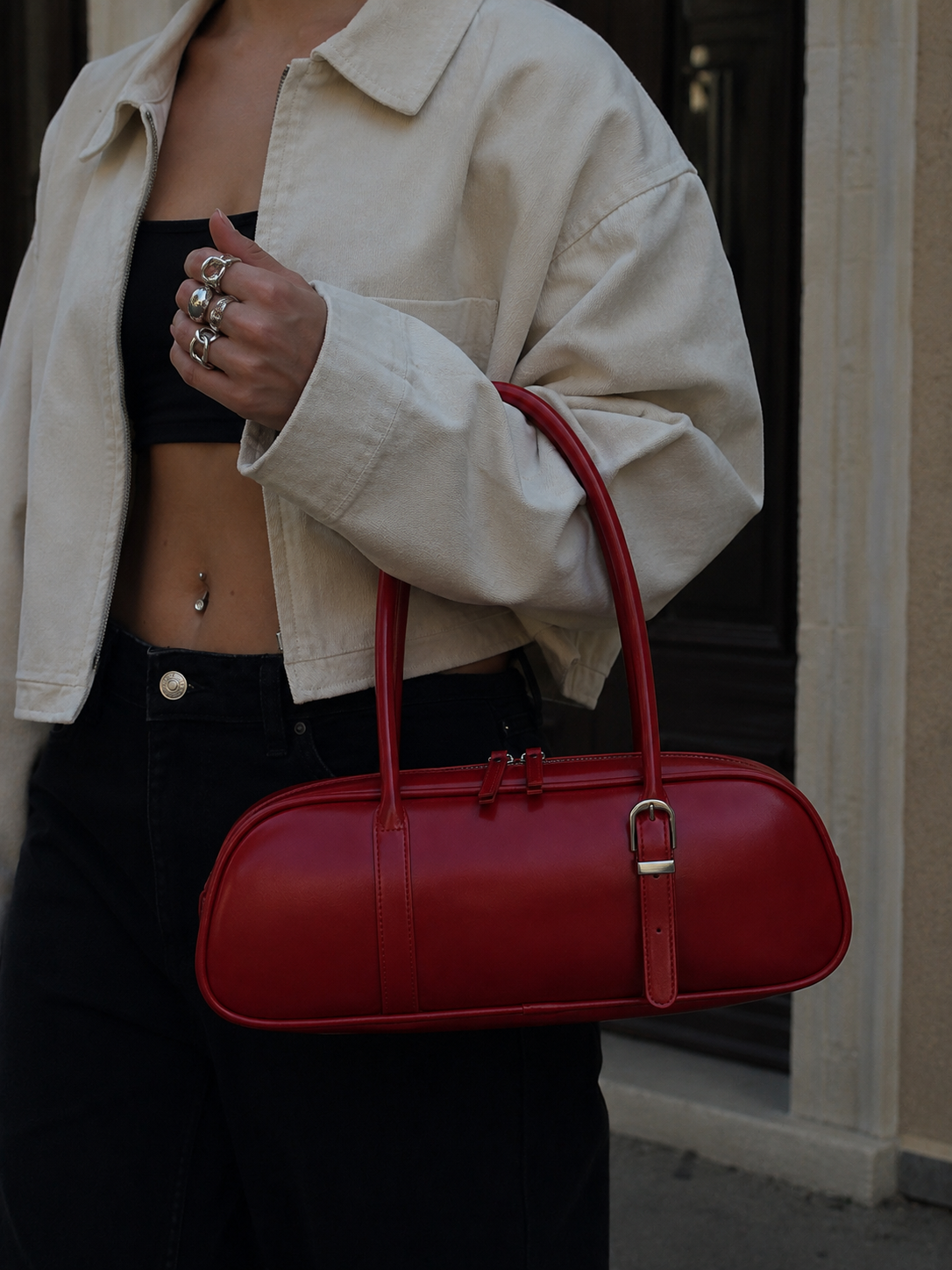 Rosalie | Women’s Red East-West Bowling Shoulder Bag | Premium Faux Leather Handbag