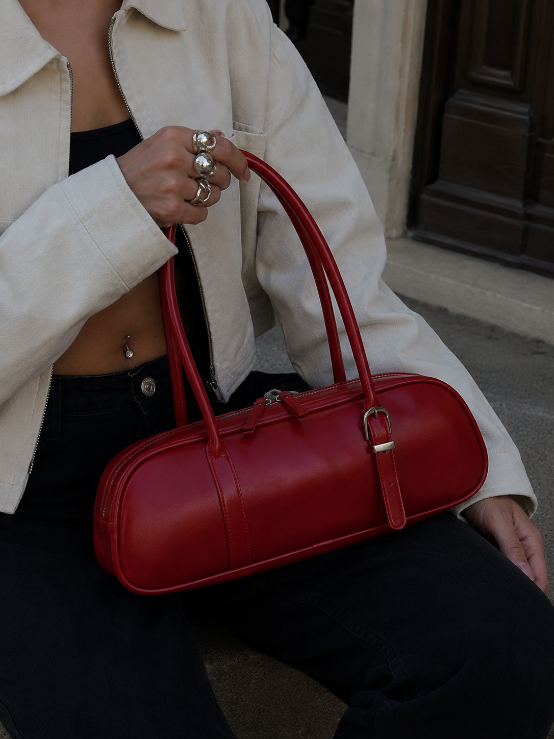 Rosalie | Women’s Red East-West Bowling Shoulder Bag | Premium Faux Leather Handbag