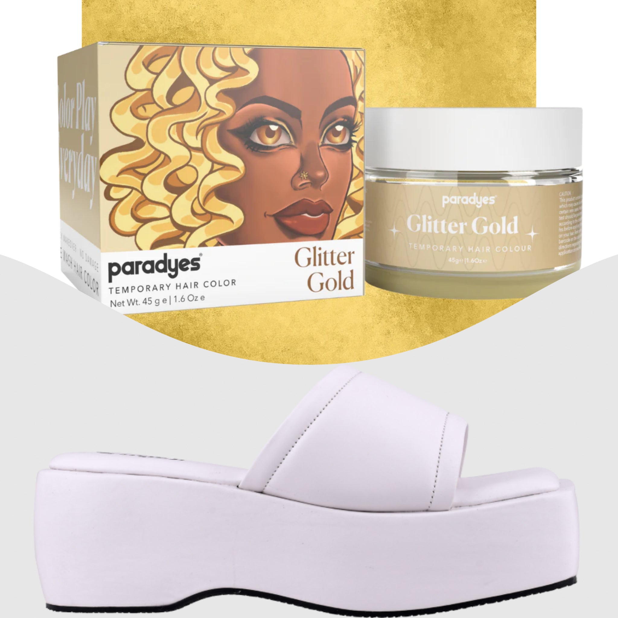 Paradyes Glitter Gold Temporary Hair Color +  Chunky Broad Strap White platforms