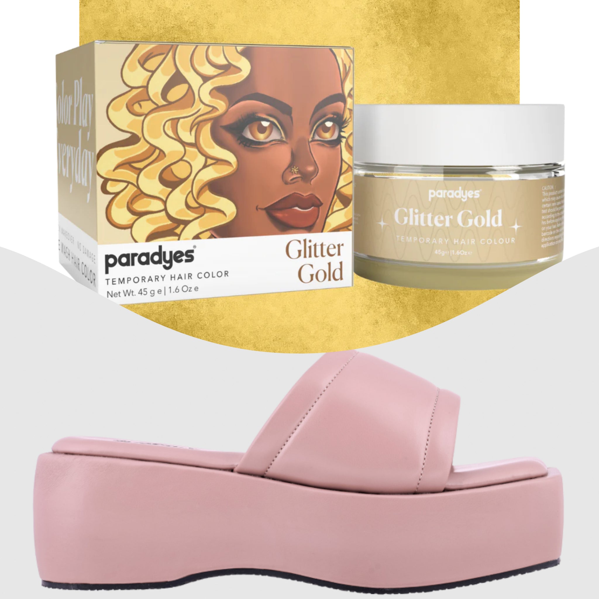 Paradyes Glitter Gold Temporary Hair Color +  Chunky Broad Strap Champagne platforms