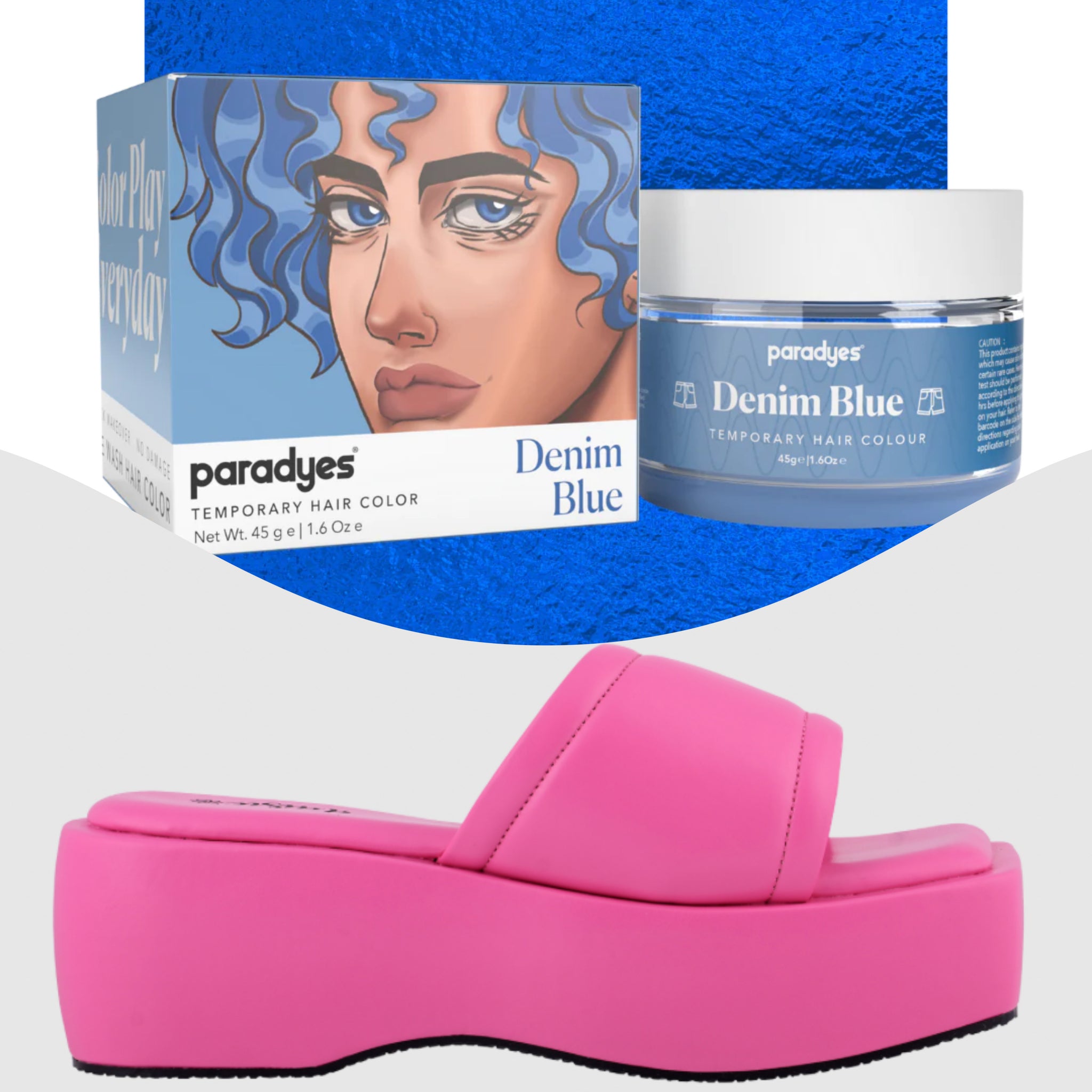 Paradyes Denim Blue Temporary Hair Color +  Chunky Broad Strap Pink platforms