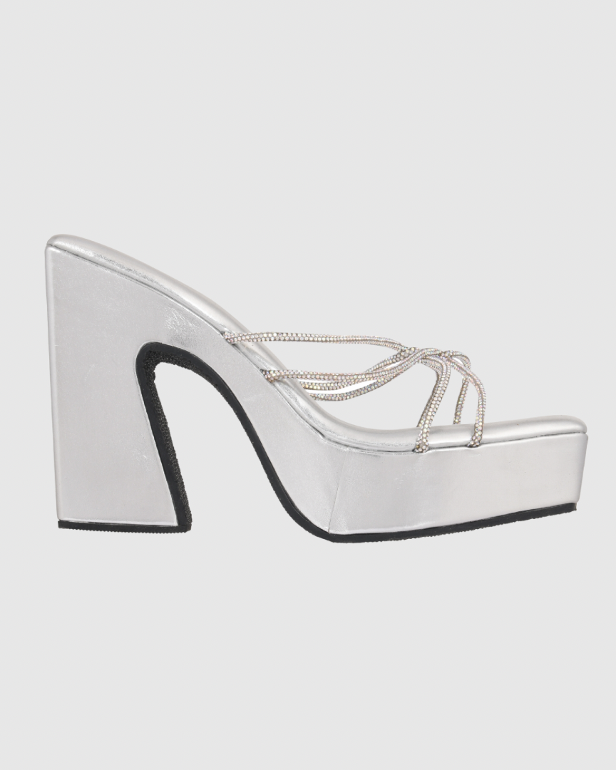 Y2K Silver Web Diamond platform heels