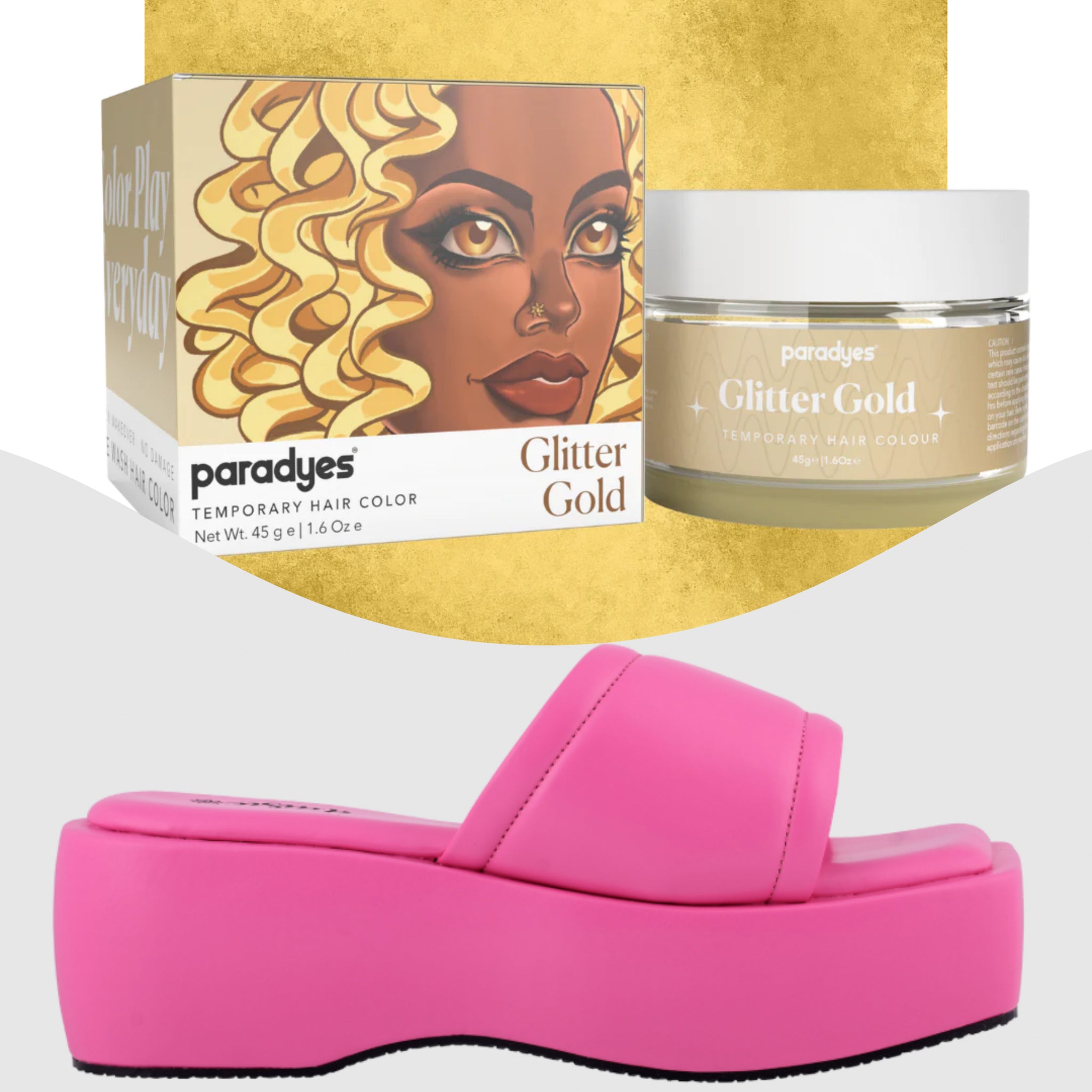 Paradyes Glitter Gold Temporary Hair Color +  Chunky Broad Strap Pink platforms
